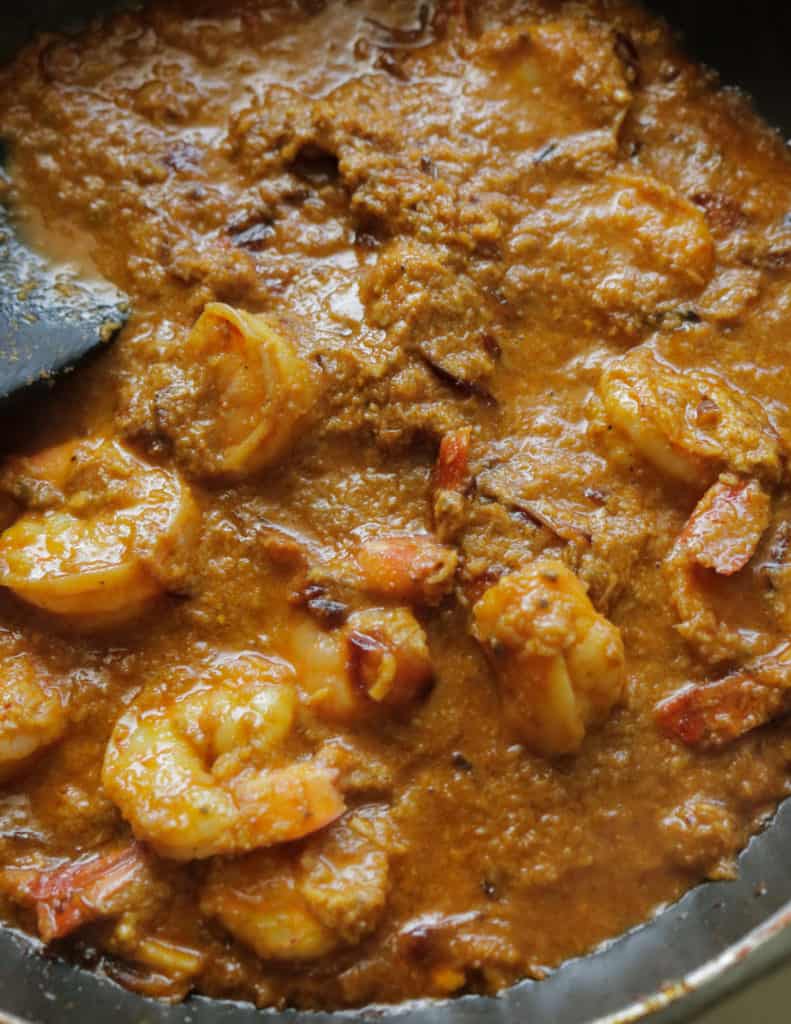 cooked thick prawn korma ready to be served.