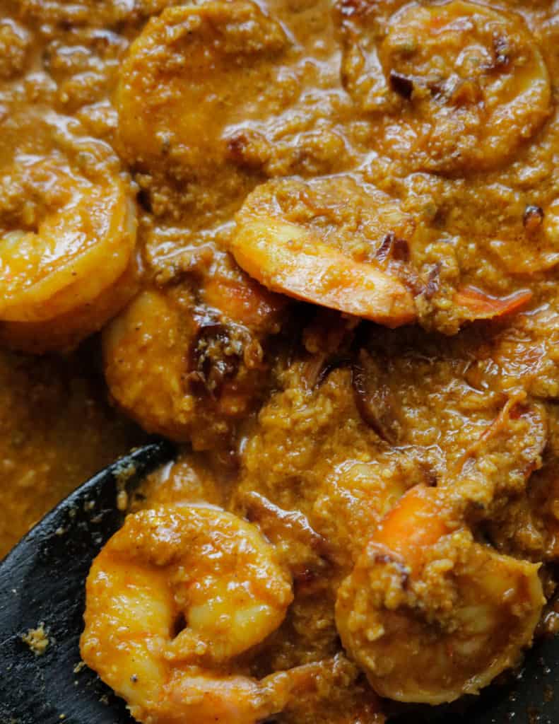 prawn korma stirred and ready to be served.