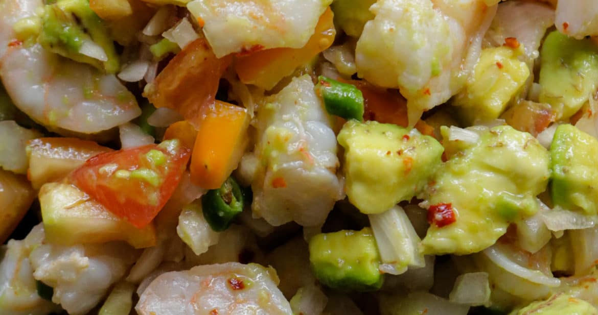 shrimp salad with avocado, onions, tomatoes.