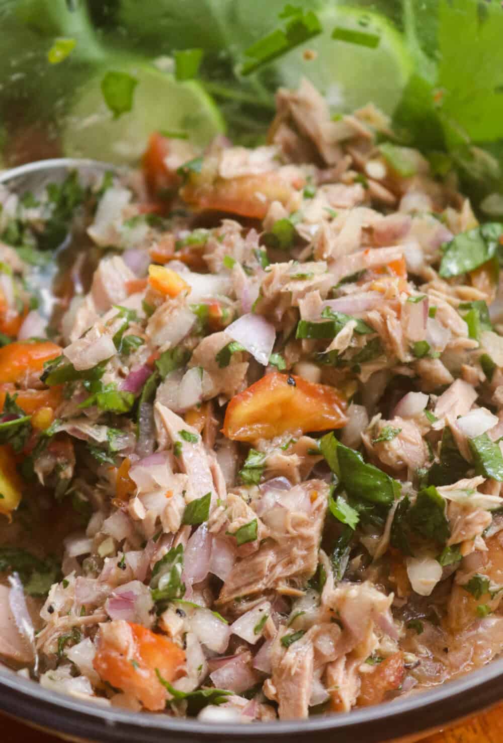 canned tuna ceviche with coriander,onions and tomato served in a bowl.