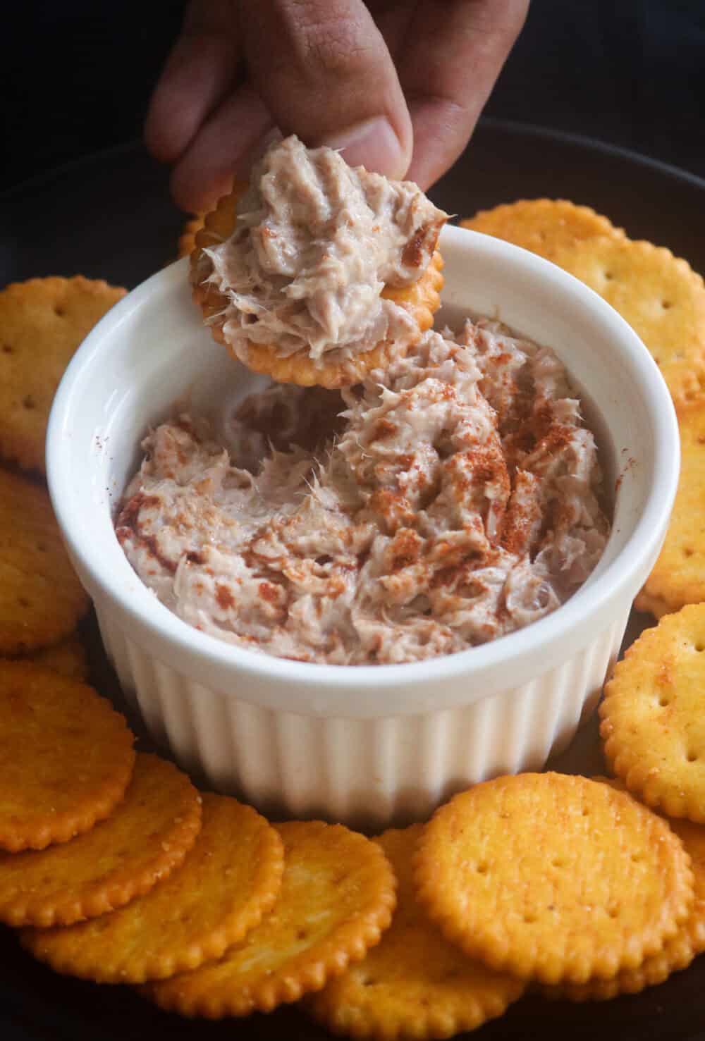 tuna dip and crackers served together.