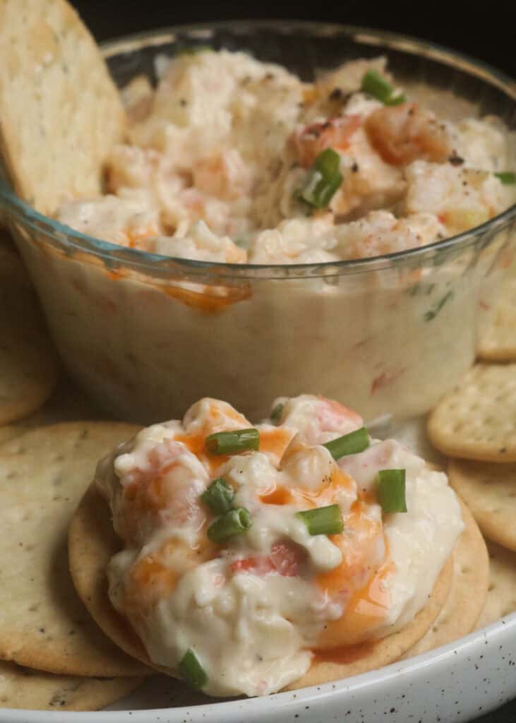 shrimp dip on a cracker with a bowl of dip.