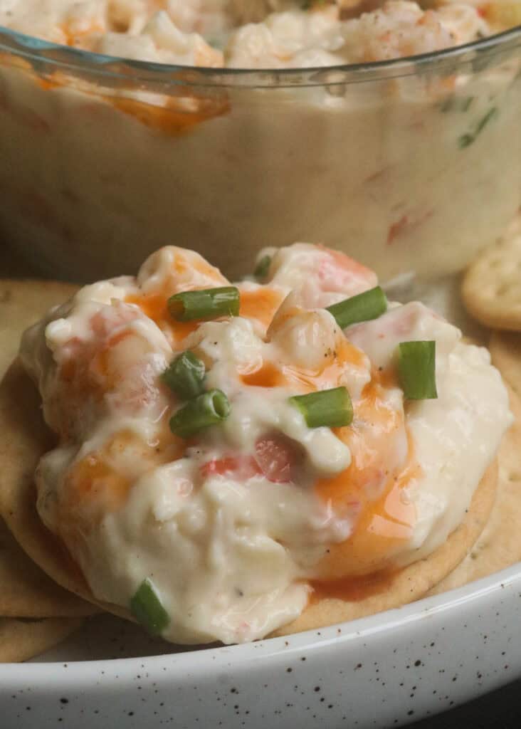 shrimp dip recipe served on a cracker.