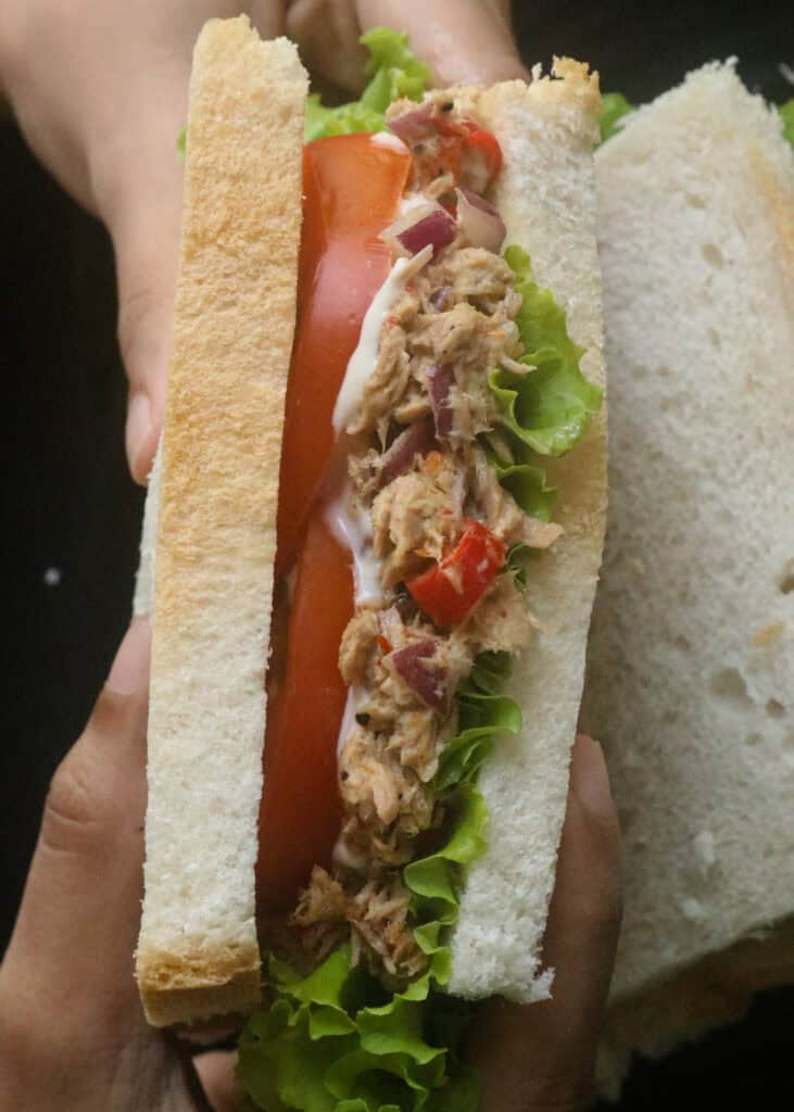 easy spicy tuna sandwich with tomatoes, tuna, onions held in the hand.